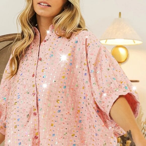 BiBi Sequin Striped Short Dolman Sleeve Blouse - Picture 7 of 14